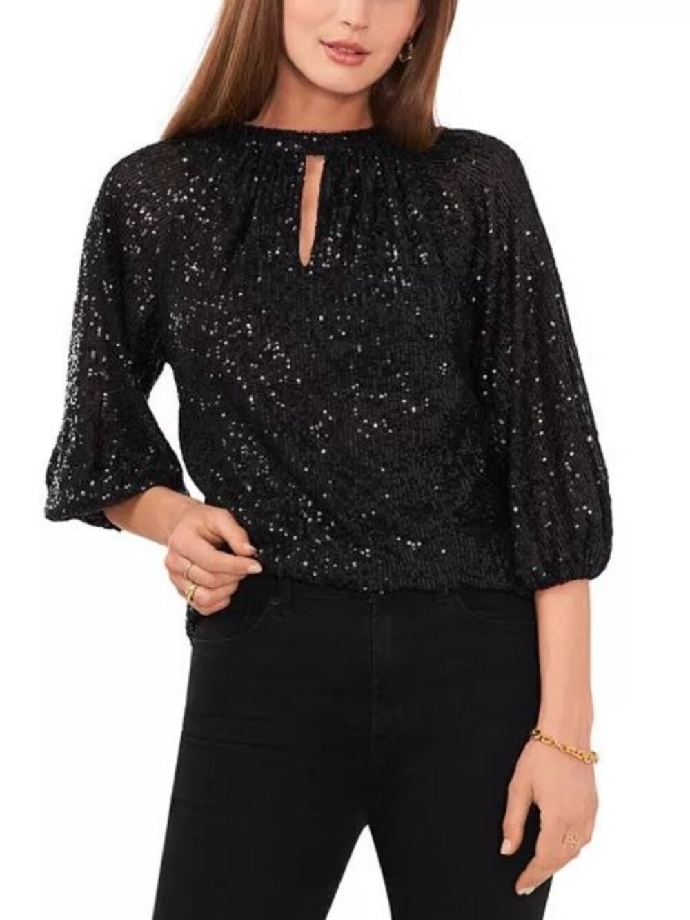 $89 Vince Camuto Raglan Sleeve Sequin Top Black Size XL